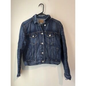 American Eagle Crop Denim Jean Jacket Dark Wash Size Xs Distressed Stretch Loose